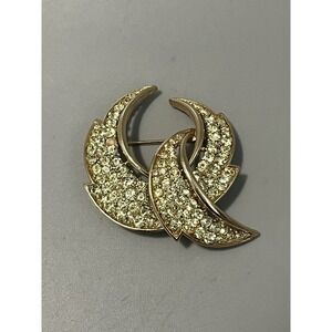 VTG Crown TRIFARI Brooch Yellow Rhinestone Goldtone Sparkle MCM Crescent Pin 2"